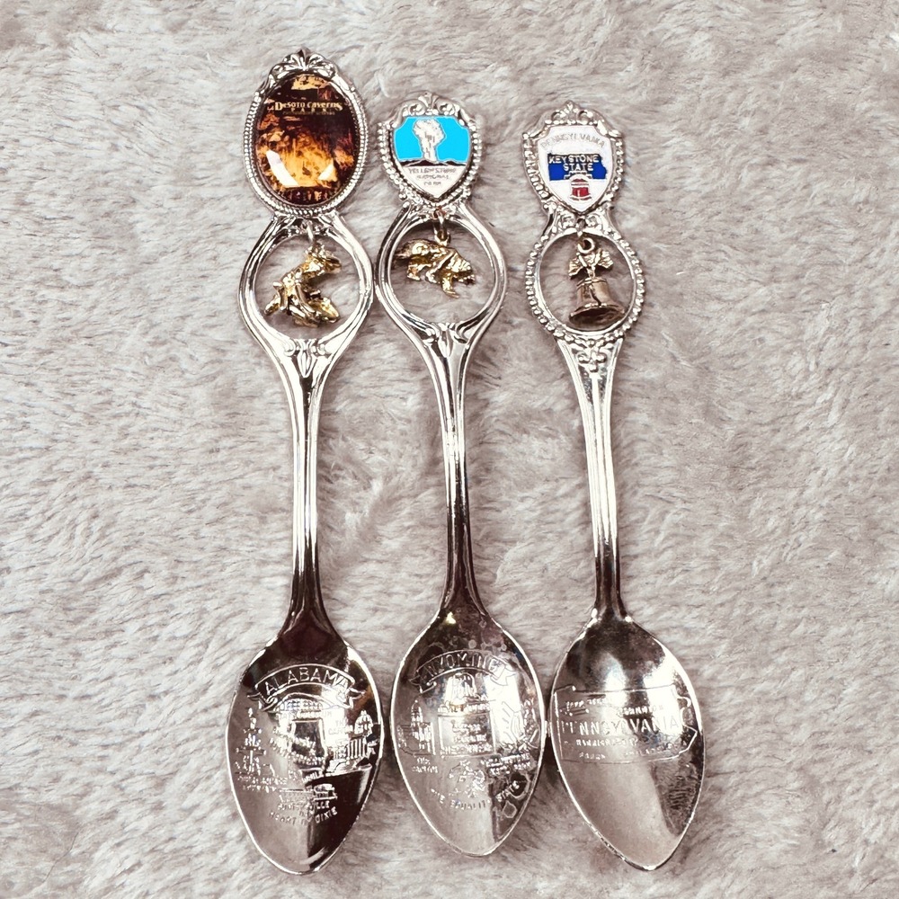 Vintage Souvenir Spoon Lot Pennsylvania Wyoming Alabama Yellowstone DeSoto Caves